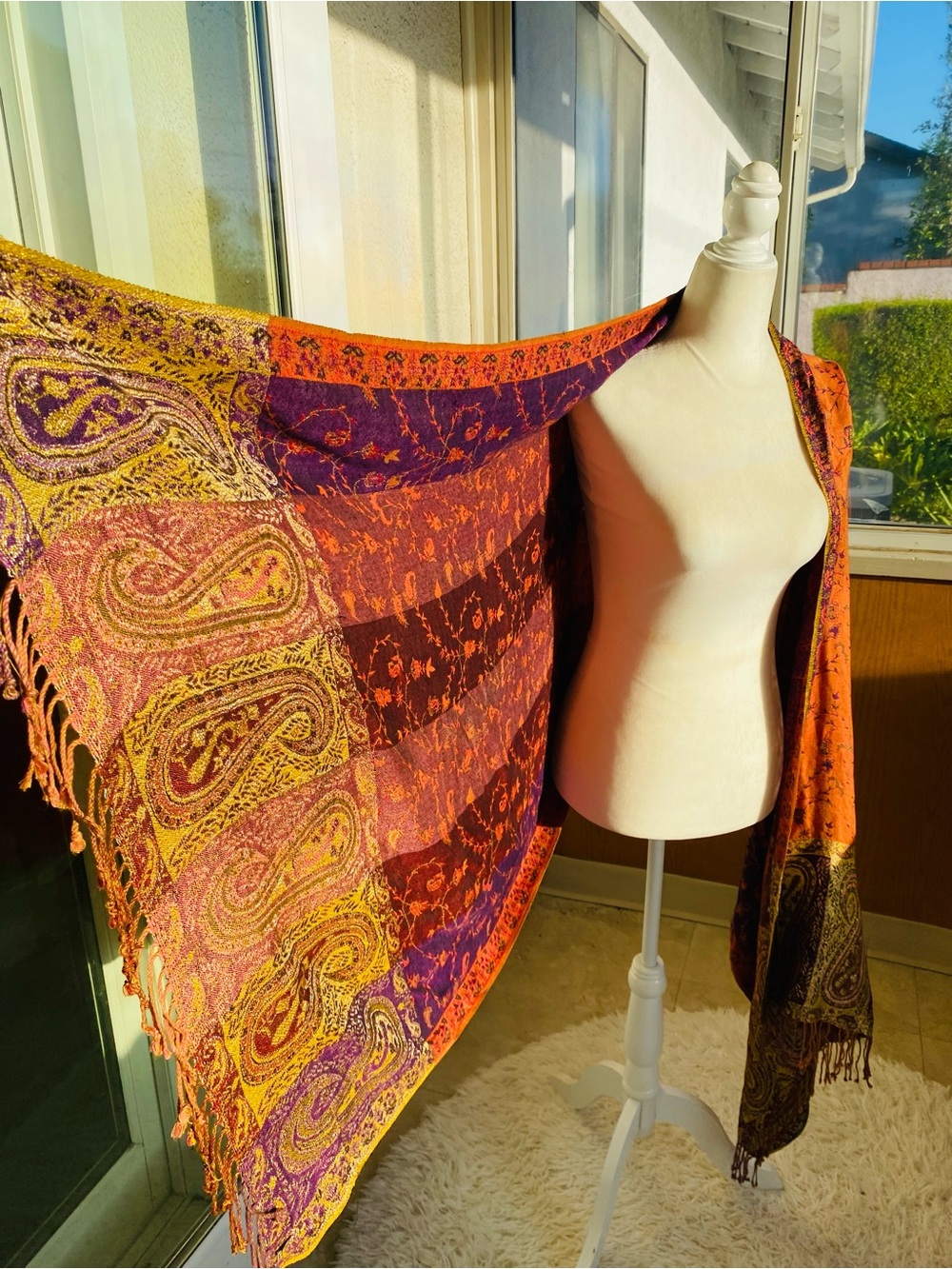 Reversible Paisley Pashmina Travel Shawl Wrap Orange Purple Gold Fringe Scarf